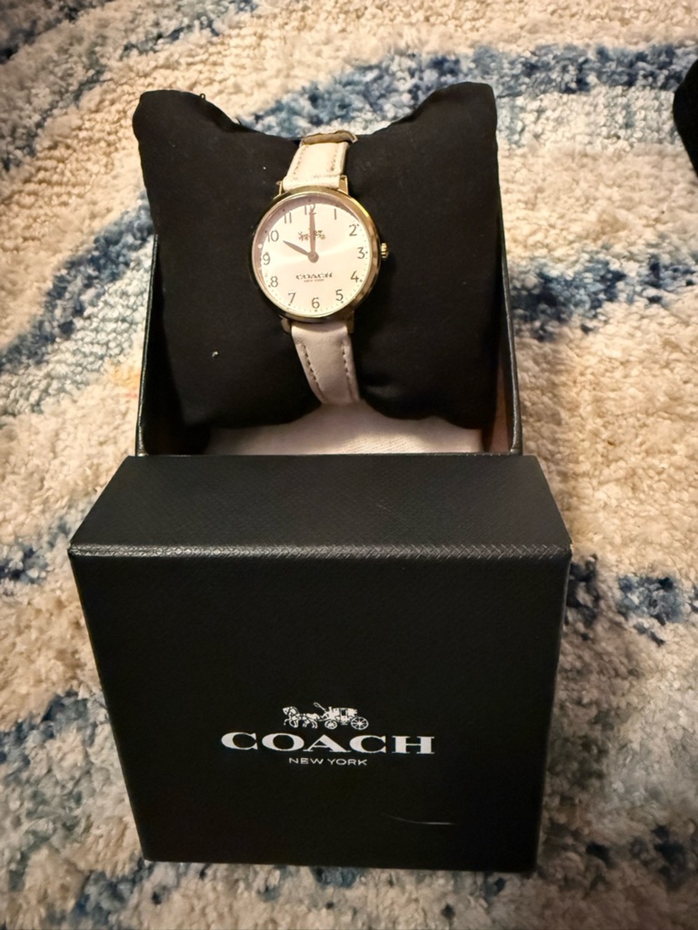 Coach Gold-Tone Round Watch with Cream Strap and White Dial